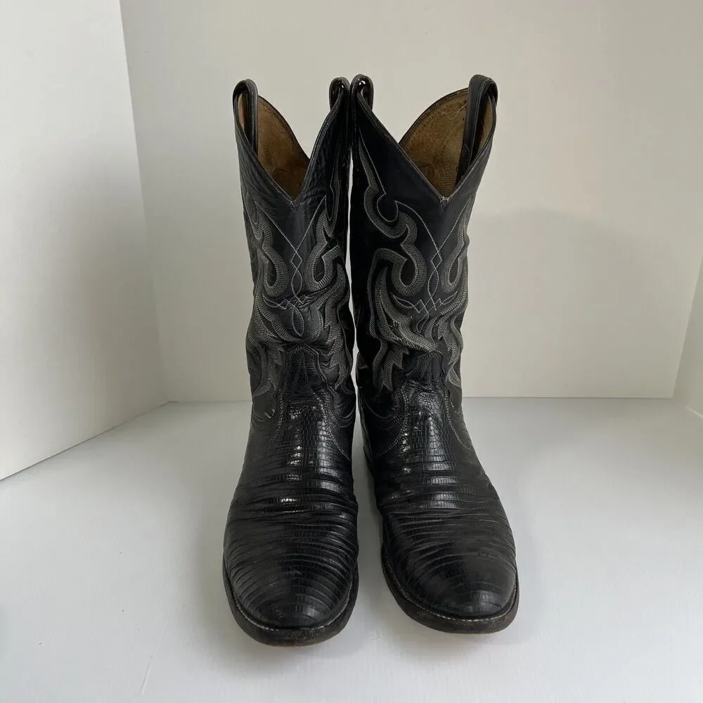 TONY LAMA MEN'S BLACK LEATHER & LIZARD WESTERN BOOTS Size 9 D USA MADE